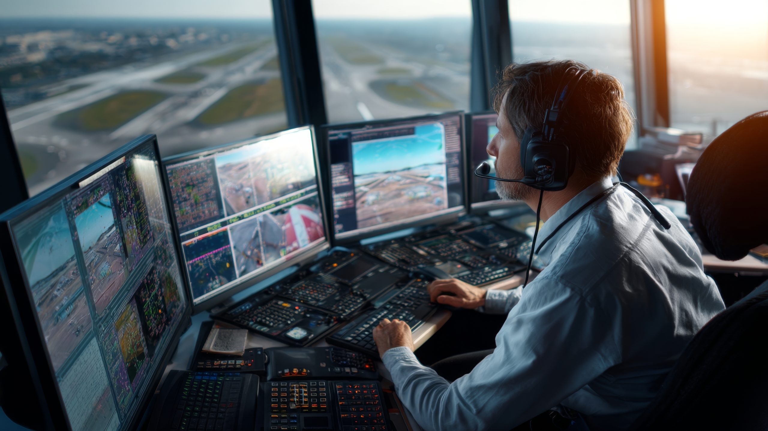 an air traffic controller monitors monitors at the airport tower. ensuring air space safety