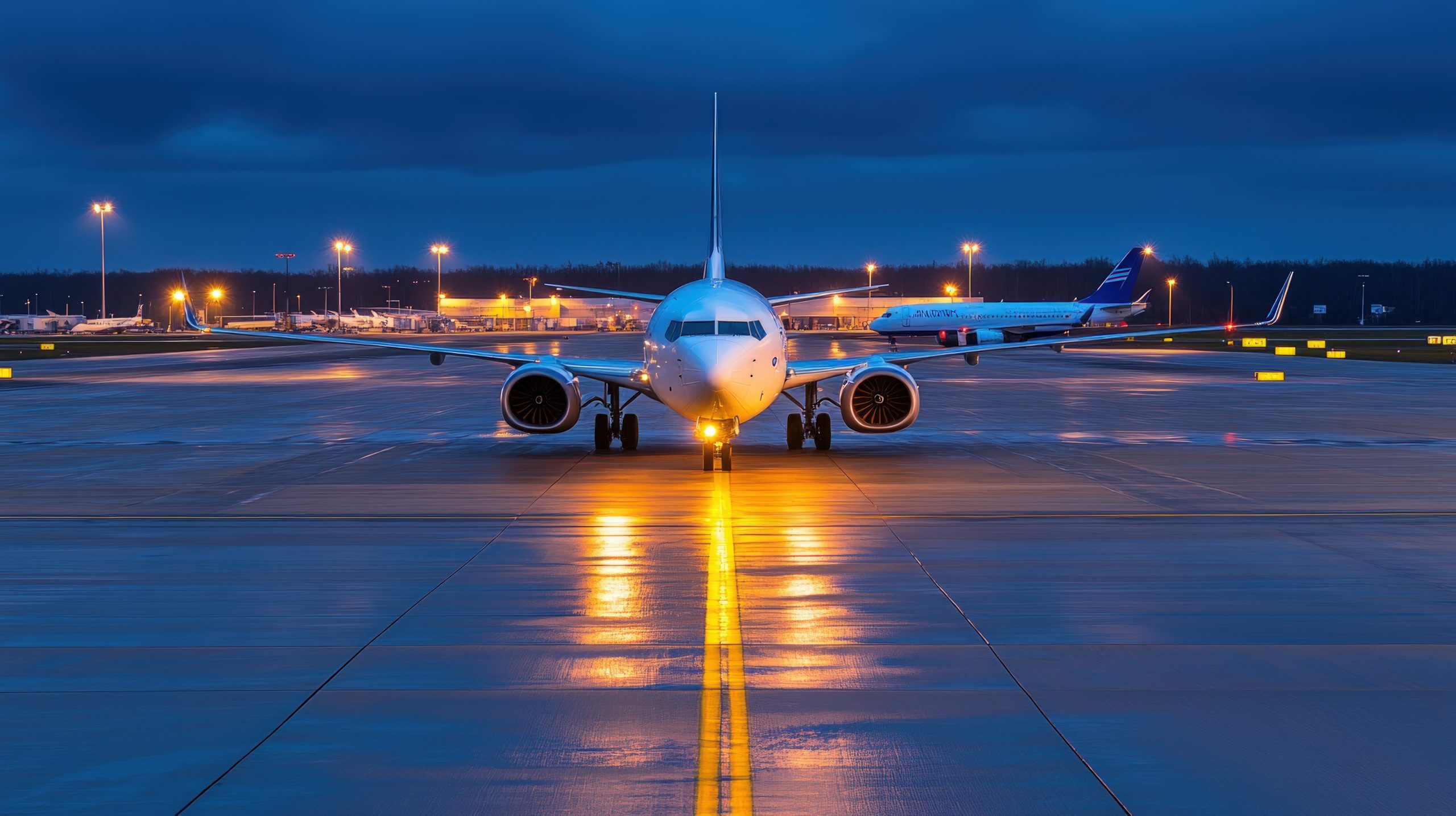 night airport taxiing plane, runway lights